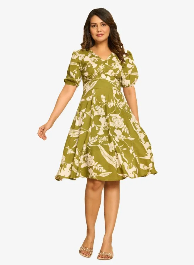 KASYA Green Cotton Printed Midi Dress